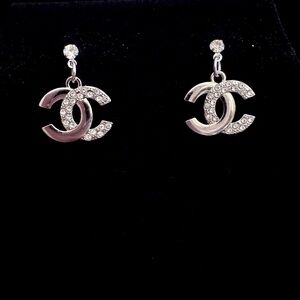 CHANEL Silver Crystal Logo Earrings